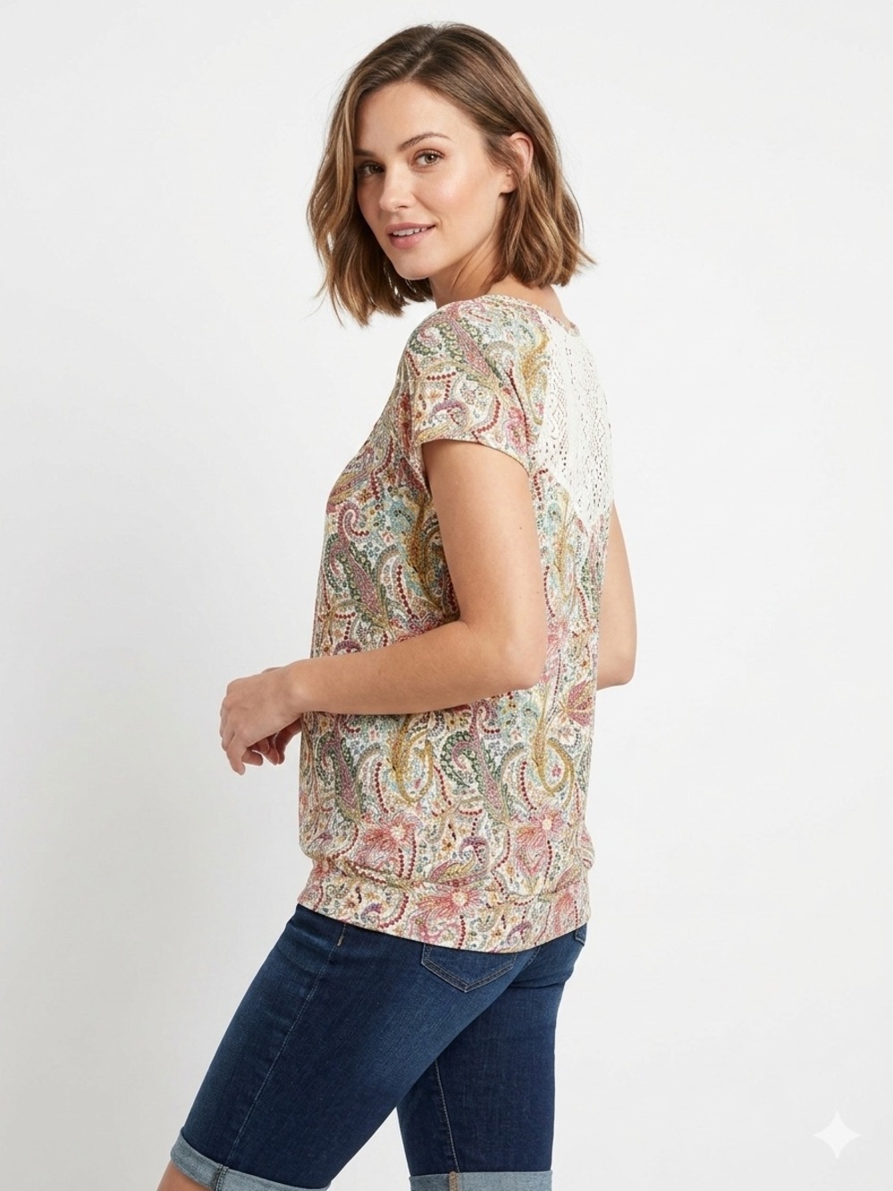 Faded Glory NWOT Multicolor Paisley Floral Short Sleeve Top Cottony Comfy
